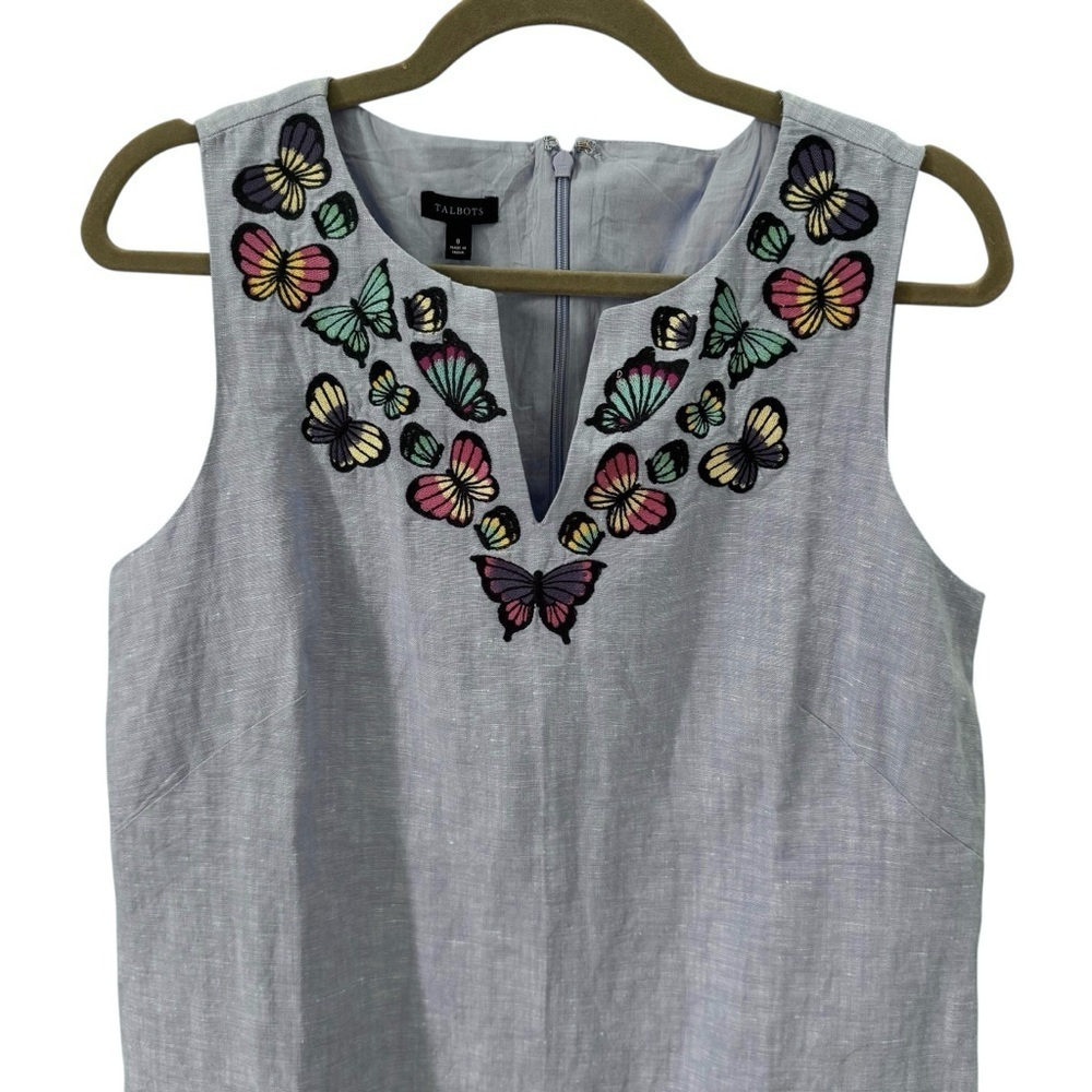 Talbots Embroidered Butterfly Linen Cotton Blend Shift Dress Blue Size 8 - Picture 3 of 9